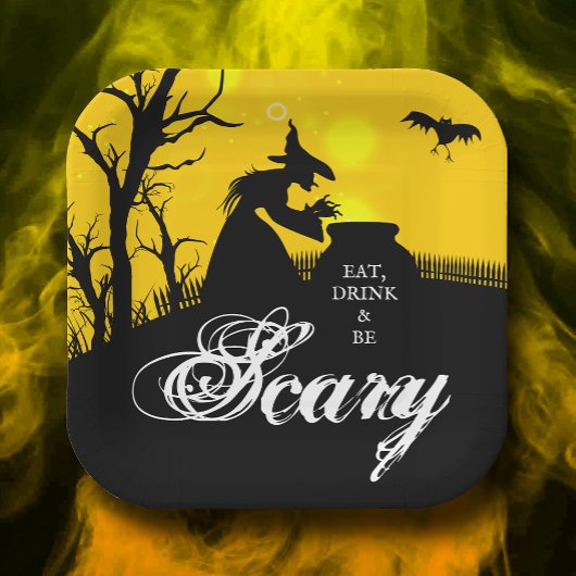 Assiettes En Carton Silhouette de sorcière pieuse Halloween