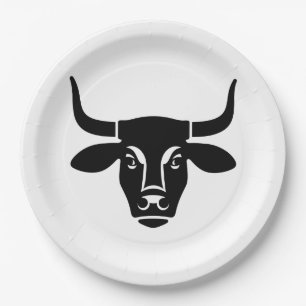 Assiettes En Carton Silhouette de tête de taureau noir minimaliste