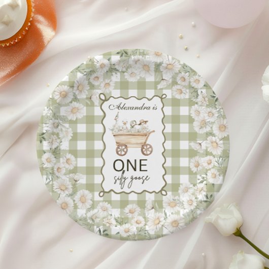 Assiettes En Carton Silly Goose 1st Birthday Green Gingham