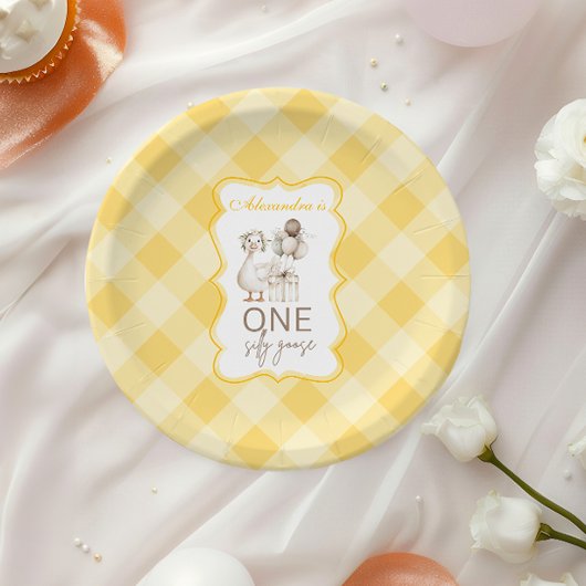 Assiettes En Carton Silly Goose 1st Birthday Yellow Gingham