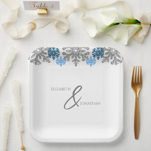 Assiettes En Carton Silver Blue Snowflakes Mariage d'hiver (Mariage)