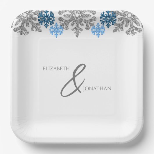 Assiettes En Carton Silver Blue Snowflakes Mariage d'hiver (Recto)