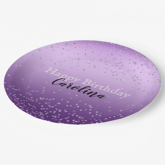 Assiettes En Carton Silver Confetti Purple Ombre nom (Angle)
