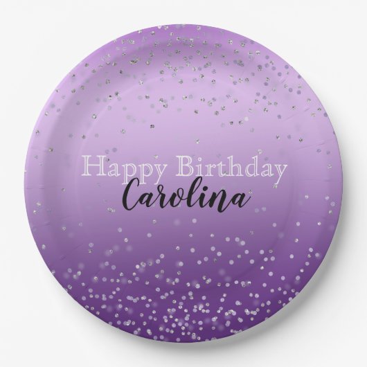 Assiettes En Carton Silver Confetti Purple Ombre nom (Devant)