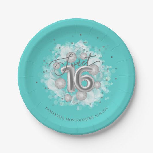 Assiettes En Carton Silver Foil Sweet 16 Anniversaire Balloons Party T (Devant)