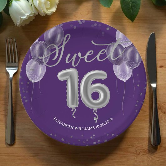 Assiettes En Carton Silver Foil Sweet 16 Anniversaires Ballons Party P