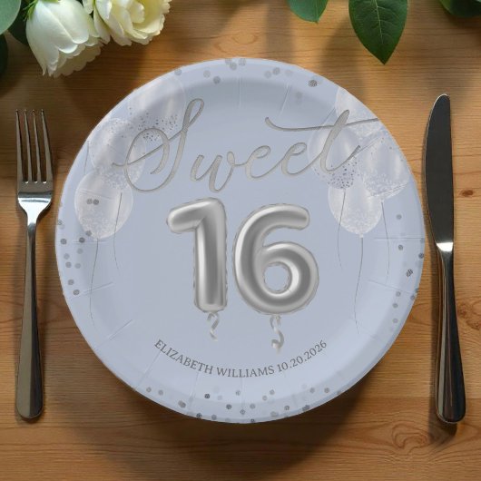 Assiettes En Carton Silver Foil Sweet 16 Ballons d'anniversaire Bleu