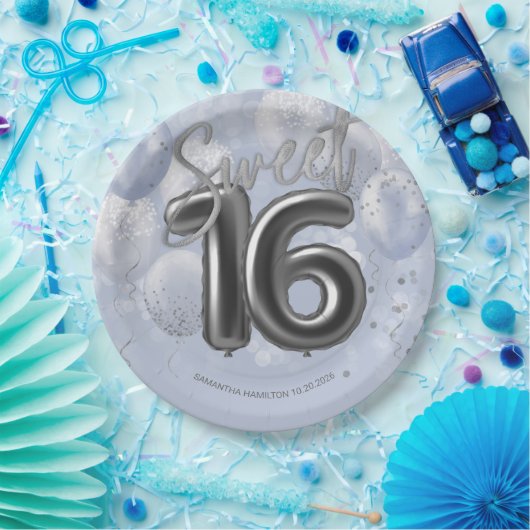 Assiettes En Carton Silver Foil Sweet 16 Ballons d'anniversaire Dusty  (Fête)