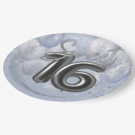 Assiettes En Carton Silver Foil Sweet 16 Ballons d'anniversaire Dusty  (Angle)