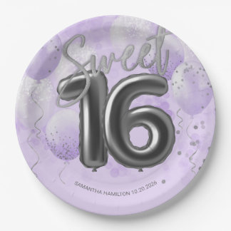 Assiettes En Carton Silver Foil Sweet 16 Ballons d'anniversaire Lavand