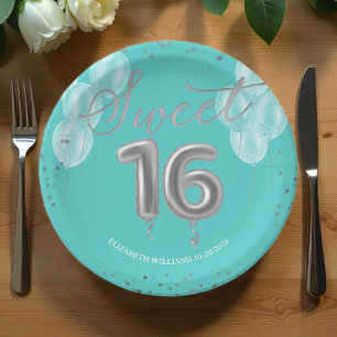 Assiettes En Carton Silver Foil Sweet 16 Ballons d'anniversaire Royal 