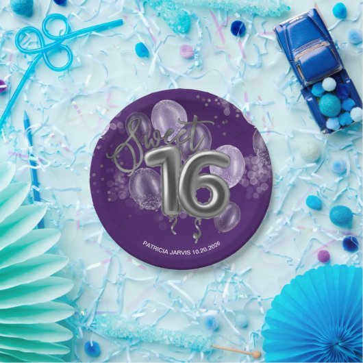 Assiettes En Carton Silver Foil Sweet 16 Ballons d'anniversaire violet (Fête)