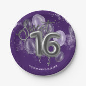 Assiettes En Carton Silver Foil Sweet 16 Ballons d'anniversaire violet (Devant)