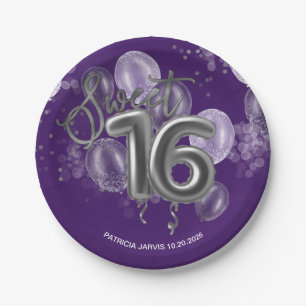 Assiettes En Carton Silver Foil Sweet 16 Ballons d'anniversaire violet