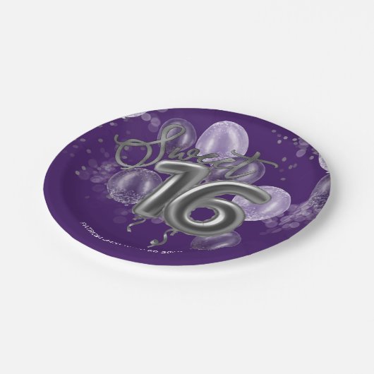 Assiettes En Carton Silver Foil Sweet 16 Ballons d'anniversaire violet (Angle)