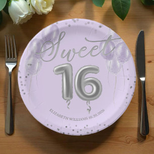Assiettes En Carton Silver Foil Sweet 16 Balloons d'anniversaire Lavan