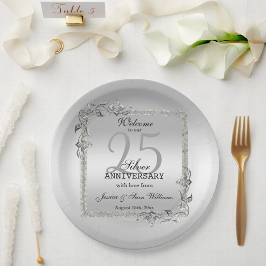 Assiettes En Carton Silver Gem & Glitter 25th Wedding Anniversary (Mariage)