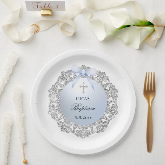 Assiettes En Carton Silver Glitter Frame Blue Bow Baptism (Mariage)