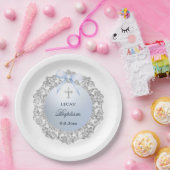Assiettes En Carton Silver Glitter Frame Blue Bow Baptism (Fête)
