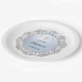Assiettes En Carton Silver Glitter Frame Blue Bow Baptism (Angle)