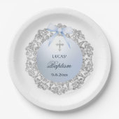 Assiettes En Carton Silver Glitter Frame Blue Bow Baptism (Devant)