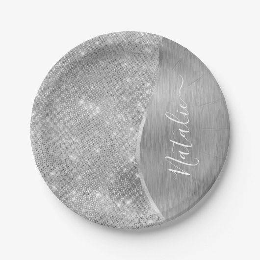 Assiettes En Carton Silver Glitter Glam Bling Personalized (Devant)