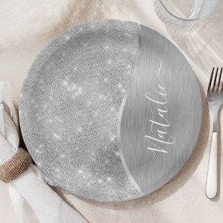 Assiettes En Carton Silver Glitter Glam Bling Personalized