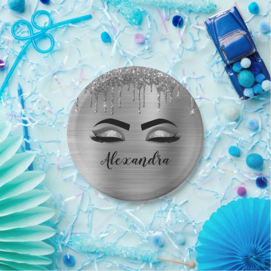 Assiettes En Carton Silver Glitter Sparkle Eyelashes Monogram (Fête)