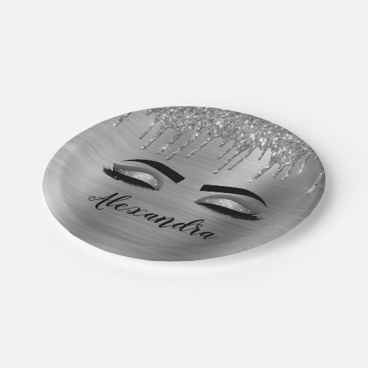 Assiettes En Carton Silver Glitter Sparkle Eyelashes Monogram (Angle)