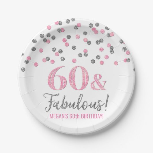Assiettes En Carton Silver Pink Confetti 60 et Fabuleux anniversaire (Devant)