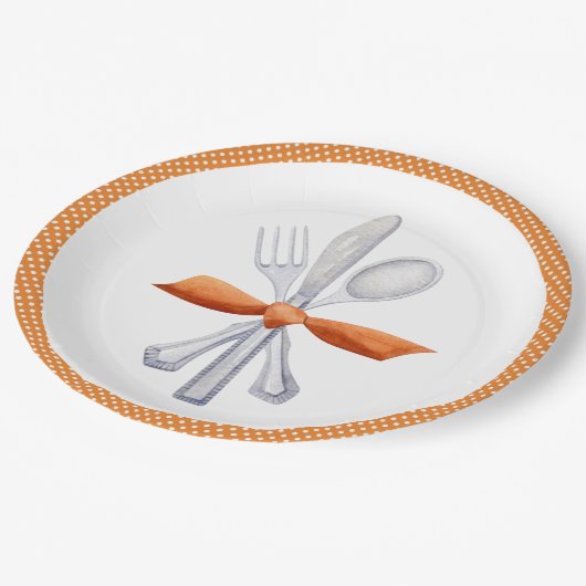 Assiettes En Carton Silverware Thanksgiving avec Orange Bow (Angle)