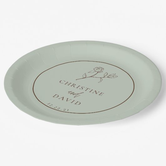 Assiettes En Carton Simple Bohème Mariage floral sauge vert (Angle)