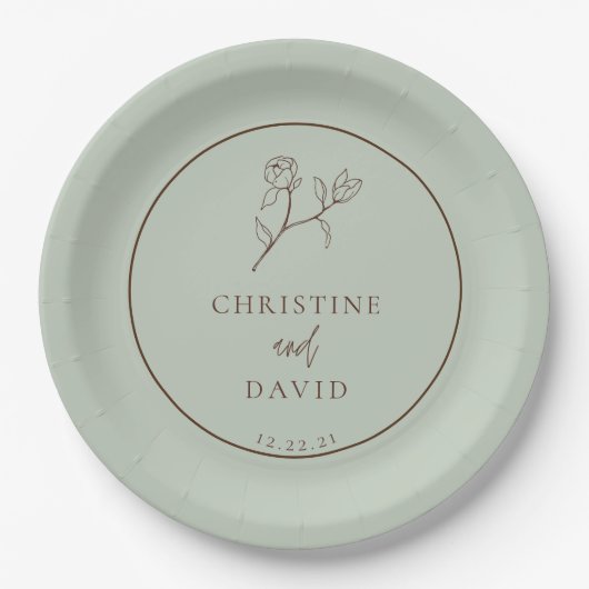 Assiettes En Carton Simple Bohème Mariage floral sauge vert (Devant)