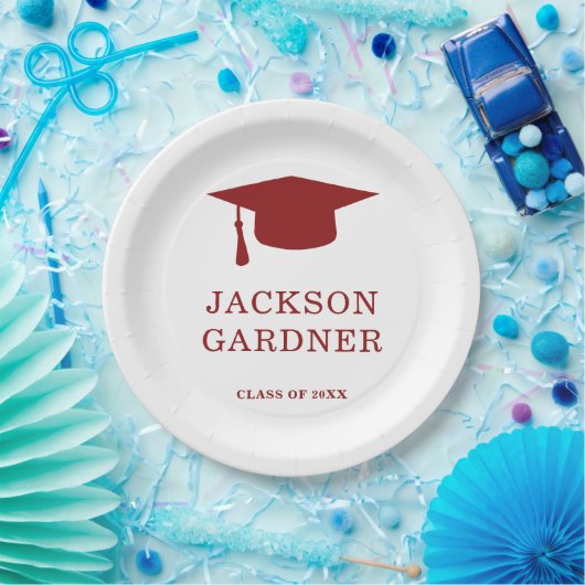Assiettes En Carton Simple Burgundy Mortar Board Modernité Graduation (Fête)