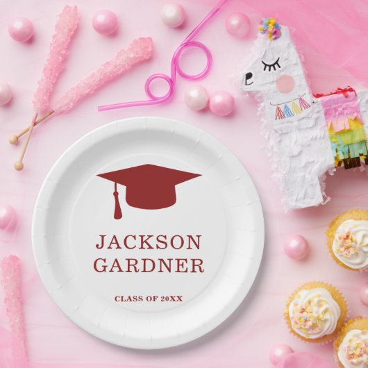 Assiettes En Carton Simple Burgundy Mortar Board Modernité Graduation (Fête)