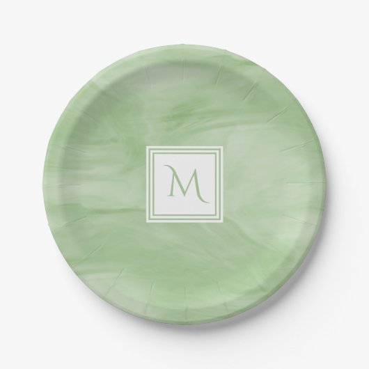 Assiettes En Carton Simple clair vert subtil marbre moderne Monogramme (Devant)