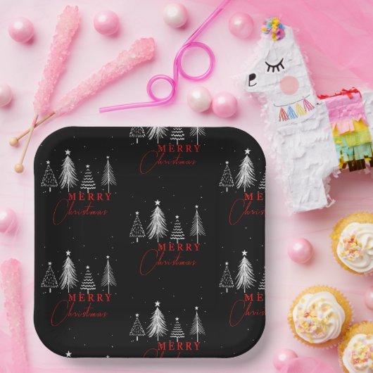 Assiettes En Carton Simple Elegant Christmas Pine Tree | Black (Fête)