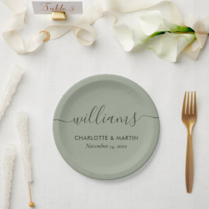 Assiettes En Carton Simple élégant moderne Script Sage Mariage vert