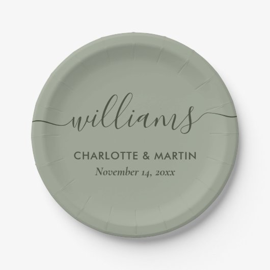 Assiettes En Carton Simple élégant moderne Script Sage Mariage vert (Devant)