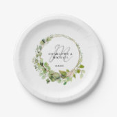 Assiettes En Carton Simple, élégant, monogramme mariage eucalyptus (Devant)