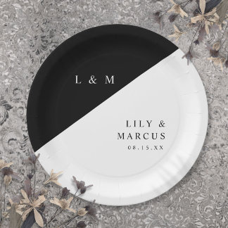 Assiettes En Carton Simple Élégant Monogramme Mariage Noir Et Blanc