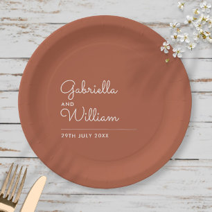 Assiettes En Carton Simple Élégant Script Terre Cuite Mariage