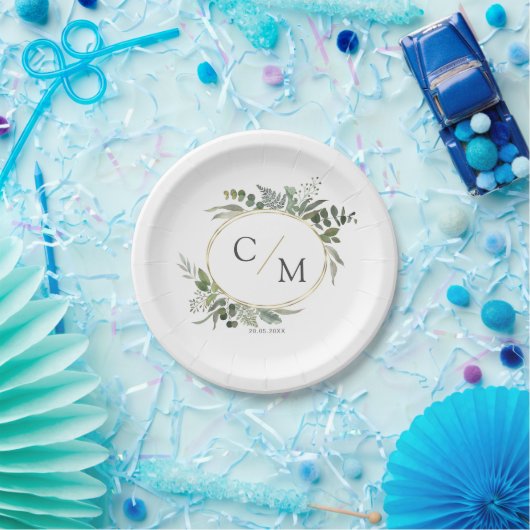 Assiettes En Carton Simple et élégant monogramme eucalyptus (Fête)