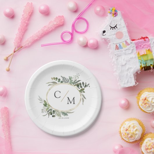 Assiettes En Carton Simple et élégant monogramme eucalyptus (Fête)