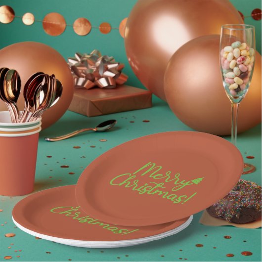 Assiettes En Carton Simple Green Joyeux texte de Noël sur Reddish-Brow (Multi)