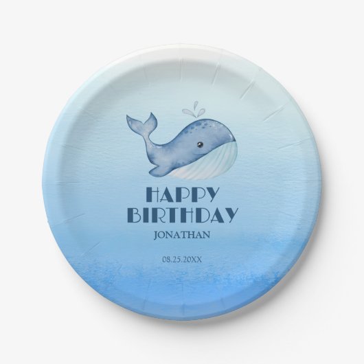 Assiettes En Carton Simple mignonne Baleine Bleu Mer Joyeux Anniversai (Devant)