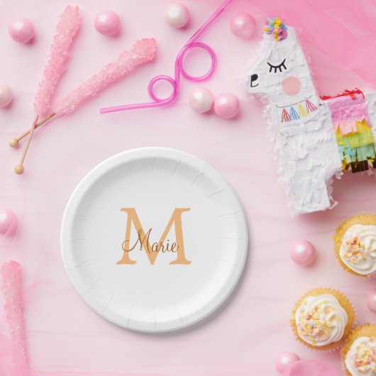 Assiettes En Carton simple minimum ajouter nom monogramme orange brun (Fête)