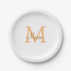 Assiettes En Carton simple minimum ajouter nom monogramme orange brun 