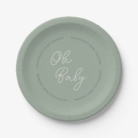 Assiettes En Carton Simple moderne Oh Baby Script Sage Douche verte (Devant)