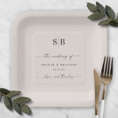 Assiettes En Carton Simple Monogramme de Mariage Écru Blanc Uni